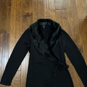 Talbots Black Cardigan with Faux Fur Collar